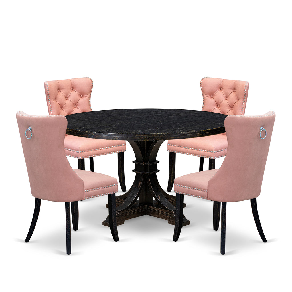 Luxe by East West Furniture I7DA5-511-23 5 Piece Dining Set for 4 Consists of a 54" Round Table with Pedestal and 4 Beige Red Faux Leather Padded Chairs, Sand Blasted Black