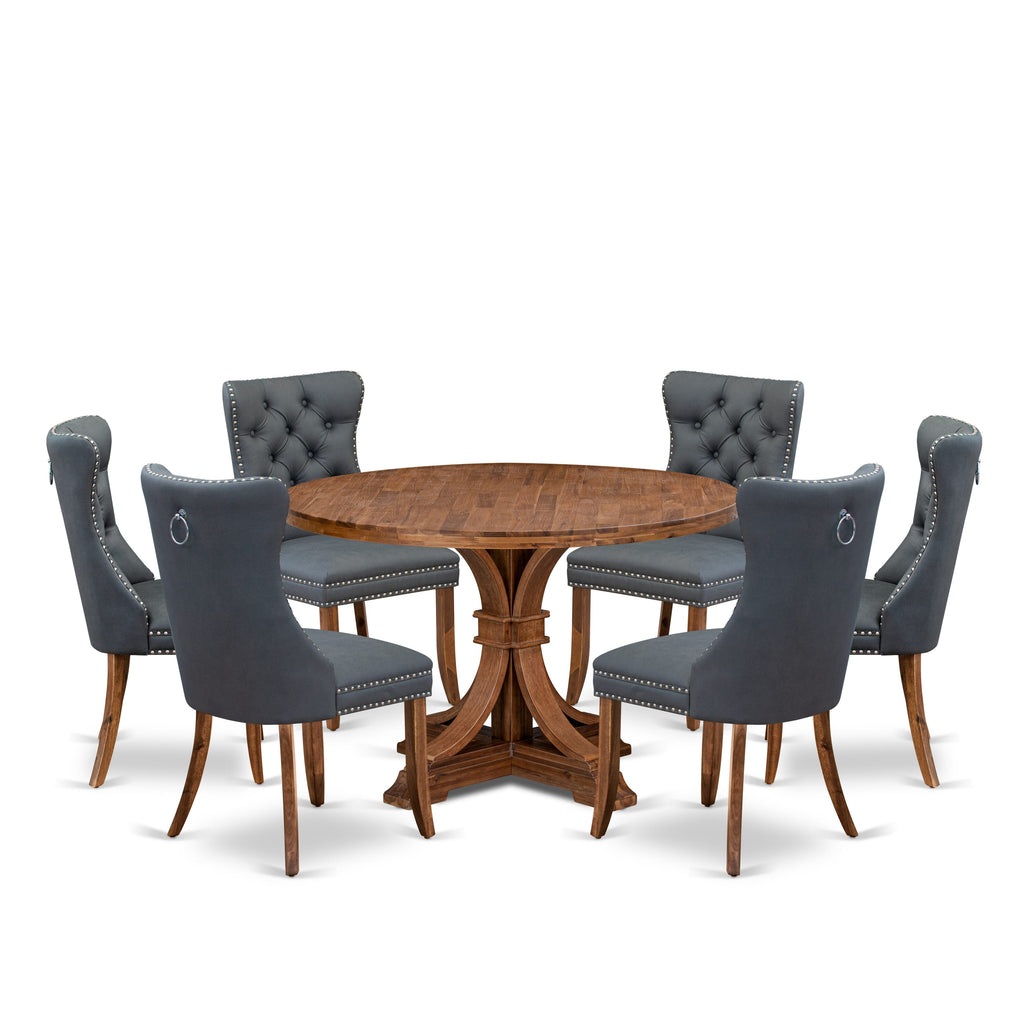 Luxe by East West Furniture I7DA7-40N-13 7-piece Dining table set consists of a Modern Dining Table and 6 Platinum Gray Faux Leather Dinner Chairs with Button Tufted Back - Antique Walnut Finish