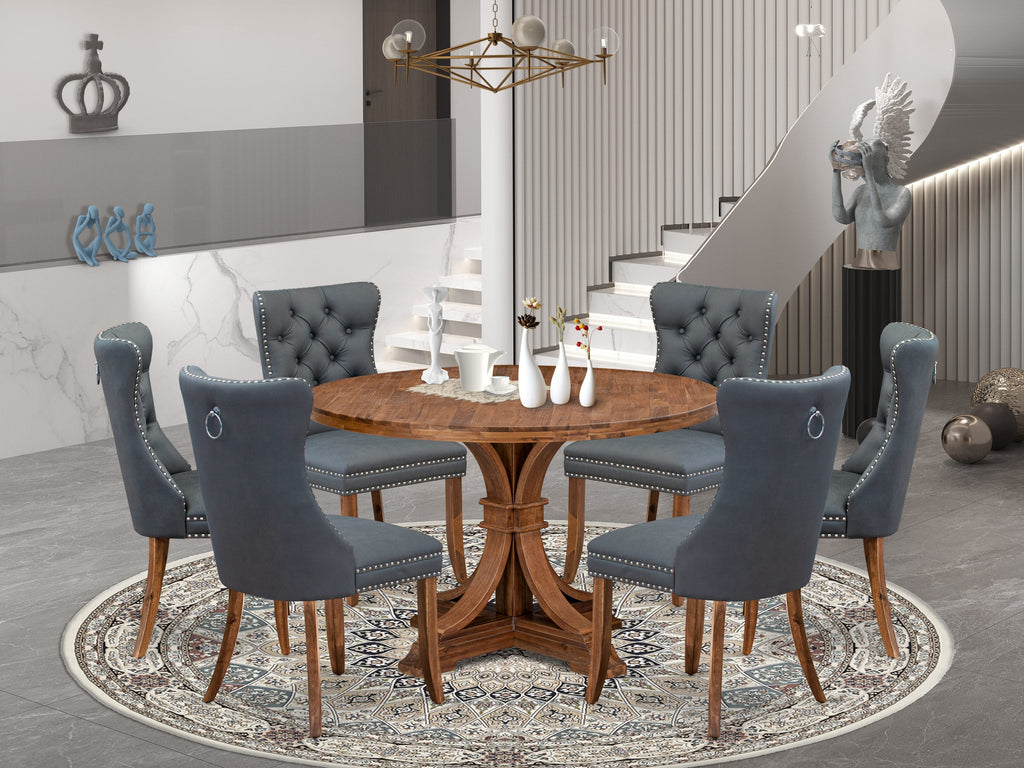 Luxe by East West Furniture I7DA7-40N-13 7-piece Dining table set consists of a Modern Dining Table and 6 Platinum Gray Faux Leather Dinner Chairs with Button Tufted Back - Antique Walnut Finish