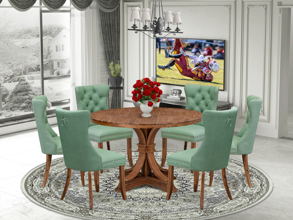 Luxe by East West Furniture I7DA7-40N-22 7-Pc Mid Century Set Consist a Dining Table and 6 Willow Green Faux Leather Upholstered Chairs with Button-Tufted Back, Antique Walnut
