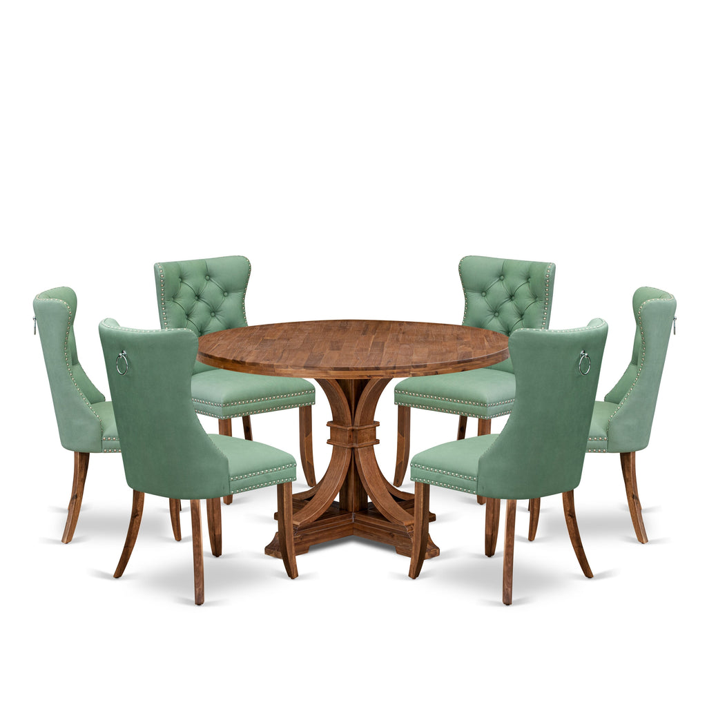 Luxe by East West Furniture I7DA7-40N-22 7-Pc Mid Century Set Consist a Dining Table and 6 Willow Green Faux Leather Upholstered Chairs with Button-Tufted Back, Antique Walnut
