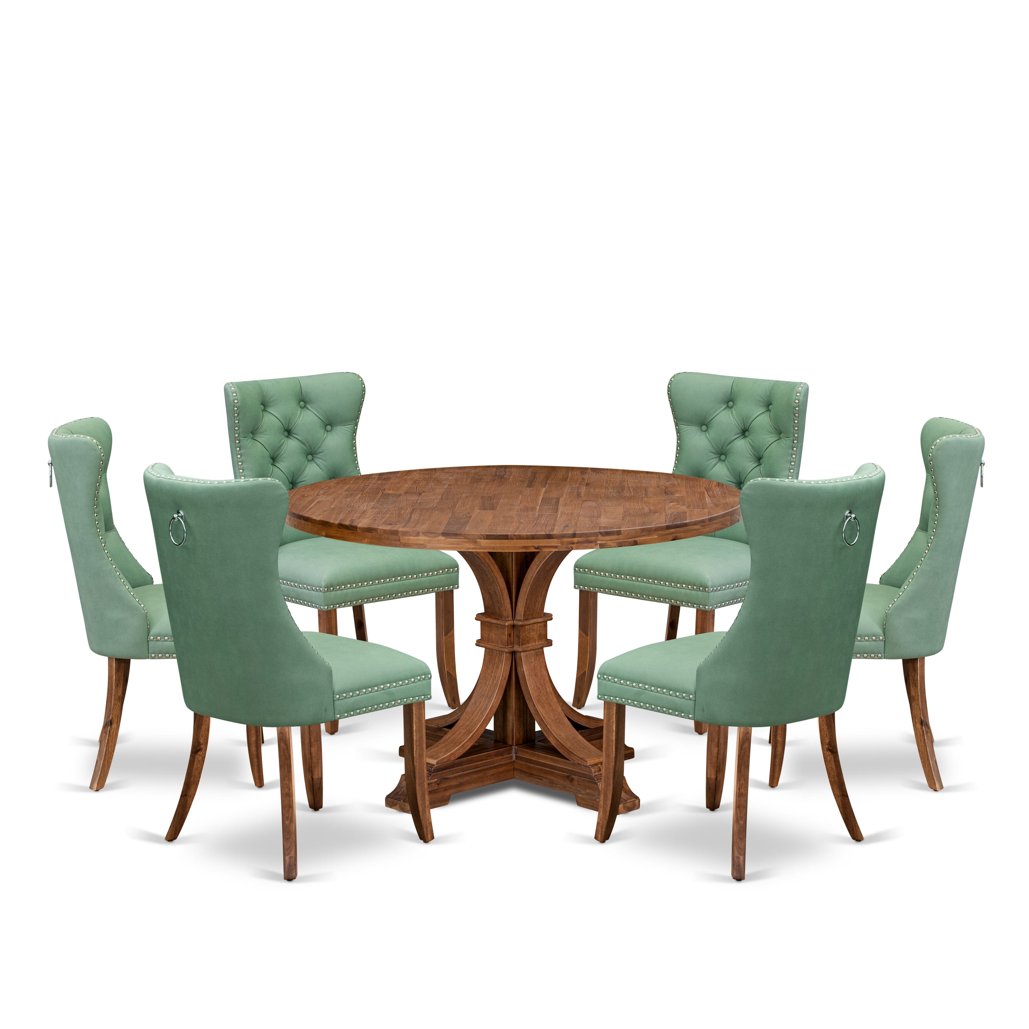 Luxe by East West Furniture I7DA7-40N-22 7-Pc Mid Century Set Consist a Dining Table and 6 Willow Green Faux Leather Upholstered Chairs with Button-Tufted Back, Antique Walnut
