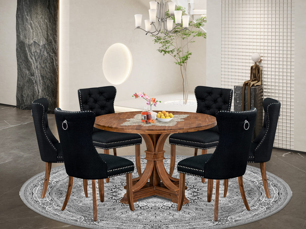 Luxe by East West Furniture I7DA7-40N-24 7-Piece Kitchen Dining Table Set with Linen Fabric 6 Black dining chairs, Button-Tufted Backs, and a 48"Round Table in Antique Walnut Finish.