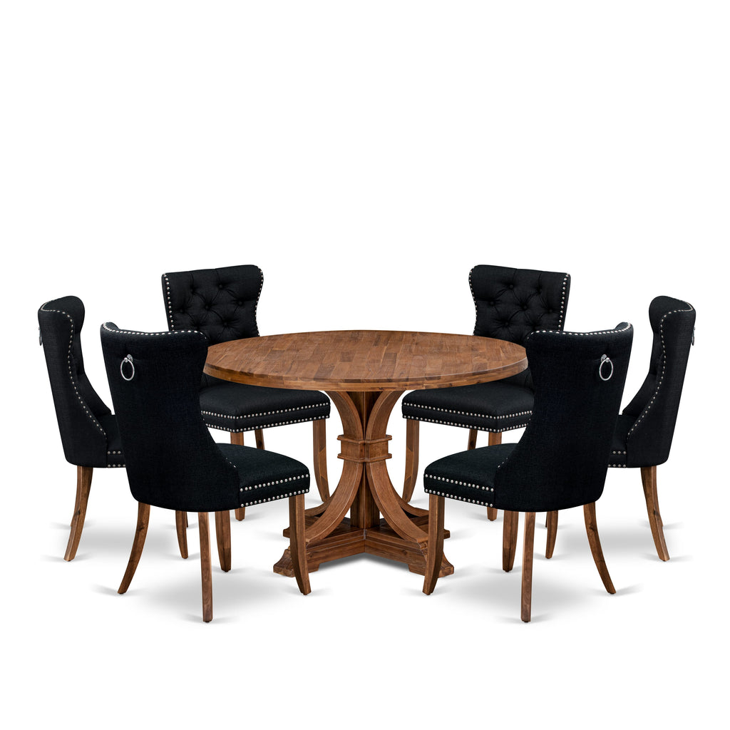 Luxe by East West Furniture I7DA7-40N-24 7-Piece Kitchen Dining Table Set with Linen Fabric 6 Black dining chairs, Button-Tufted Backs, and a 48"Round Table in Antique Walnut Finish.