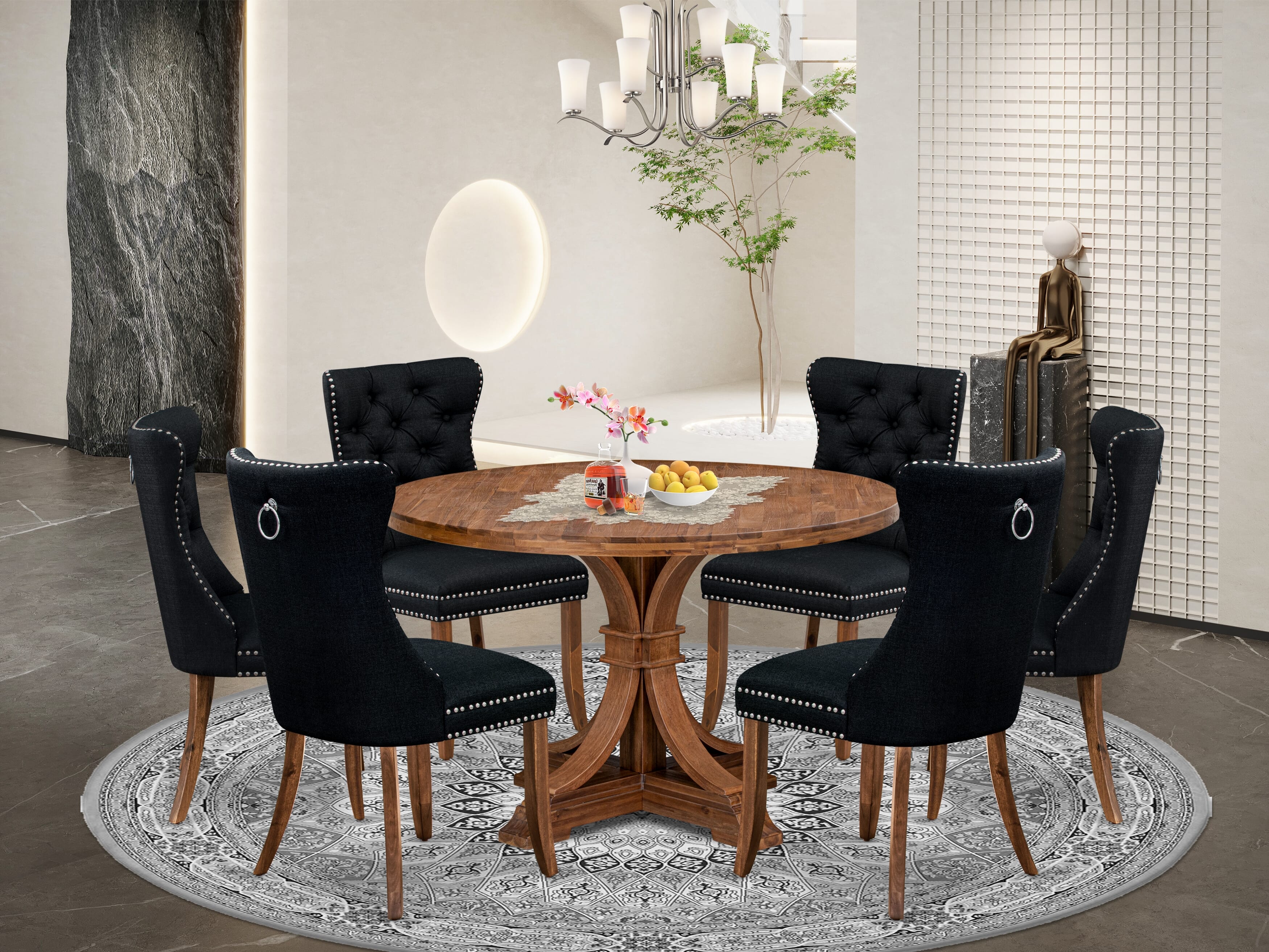 Luxe by East West Furniture I7DA7-40N-24 7-Piece Kitchen Dining Table Set with Linen Fabric 6 Black dining chairs, Button-Tufted Backs, and a 48"Round Table in Antique Walnut Finish.