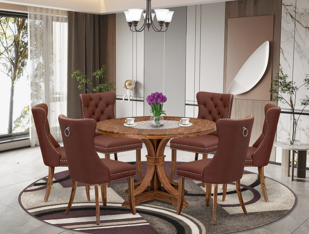 Luxe by East West Furniture I7DA7-40N-26 7-Pc Kitchen Table Set Consist a Mid Century Dining Table and 6 Burgundy Faux Leather Chairs with Button-Tufted Back, Antique Walnut