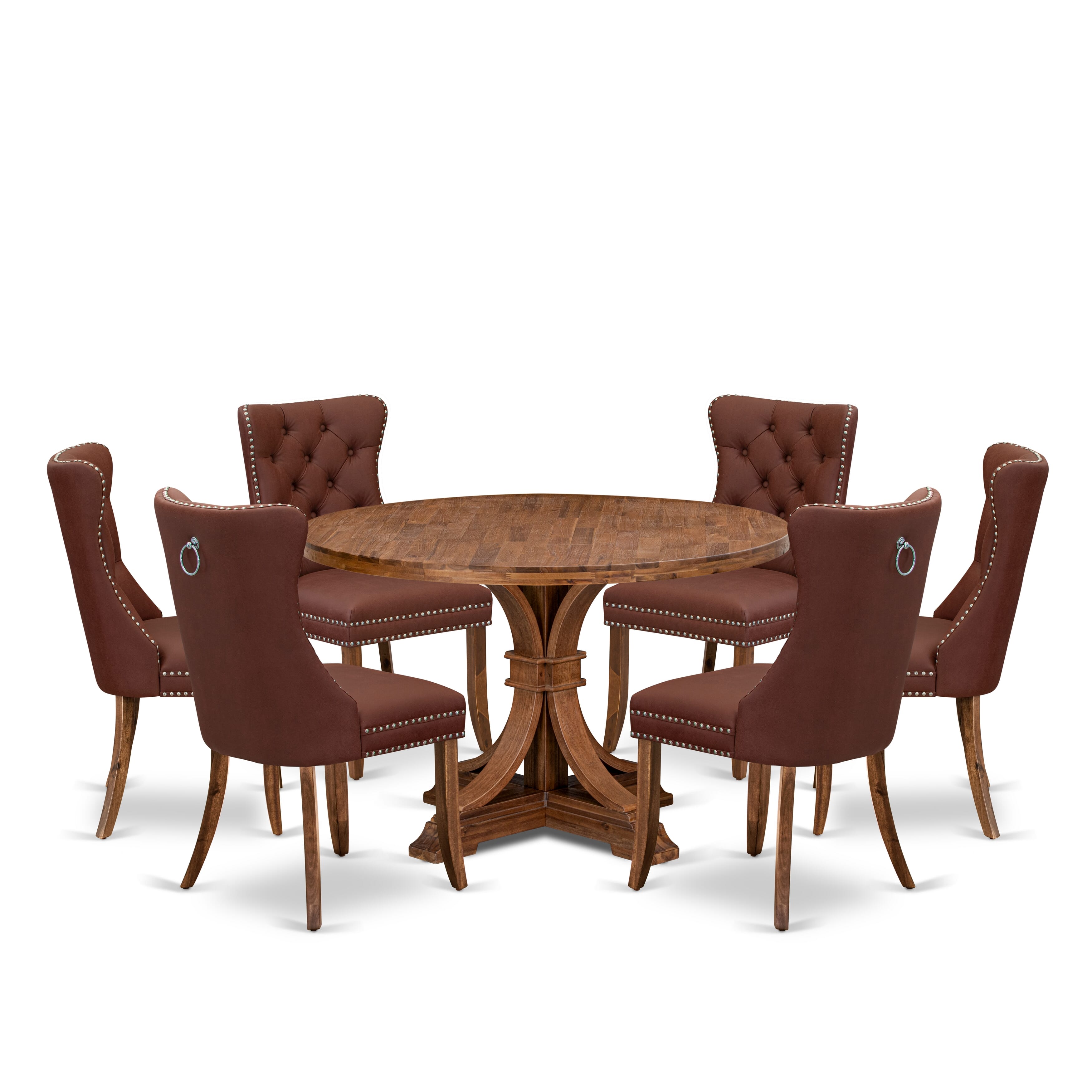 Luxe by East West Furniture I7DA7-40N-26 7-Pc Kitchen Table Set Consist a Mid Century Dining Table and 6 Burgundy Faux Leather Chairs with Button-Tufted Back, Antique Walnut