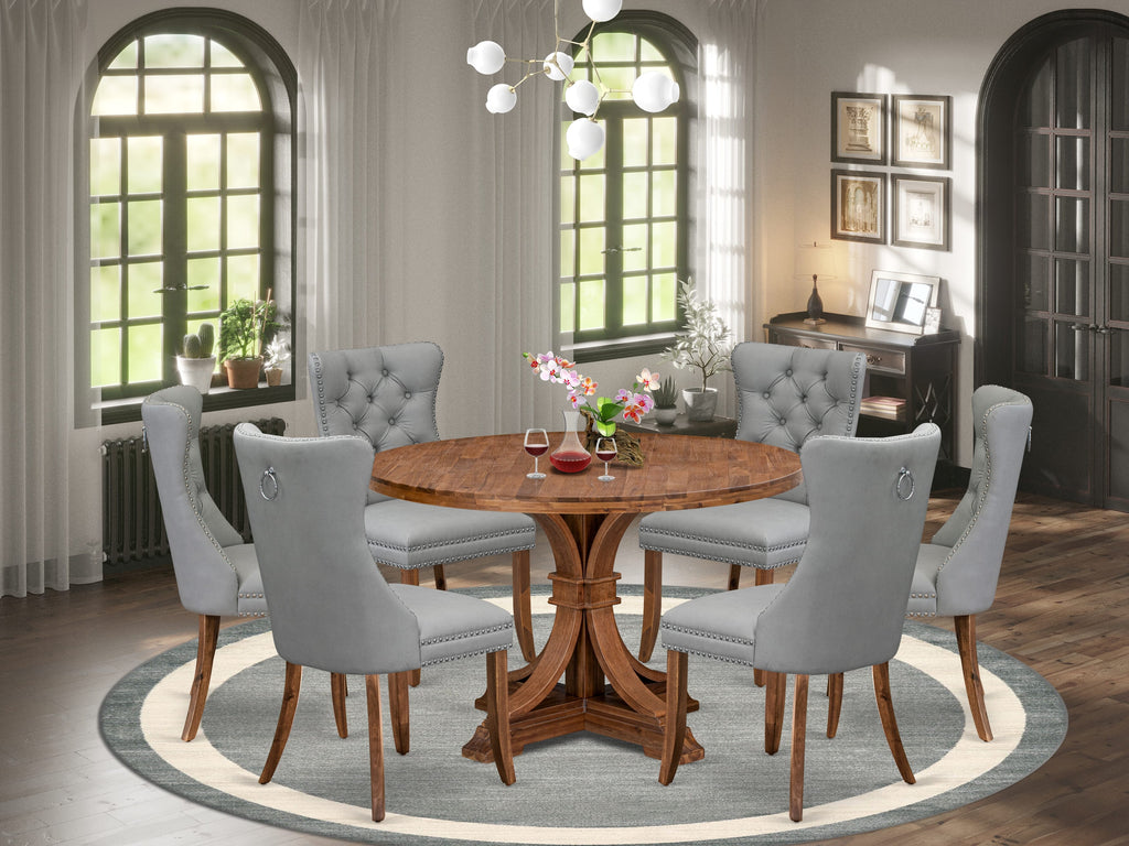 Luxe by East West Furniture I7DA7-40N-27 7-Pc Dining Table Set Consist a Mid Century Dining Table and 6 Light Gray Faux Leather Chairs with Button-Tufted Back, Antique Walnut