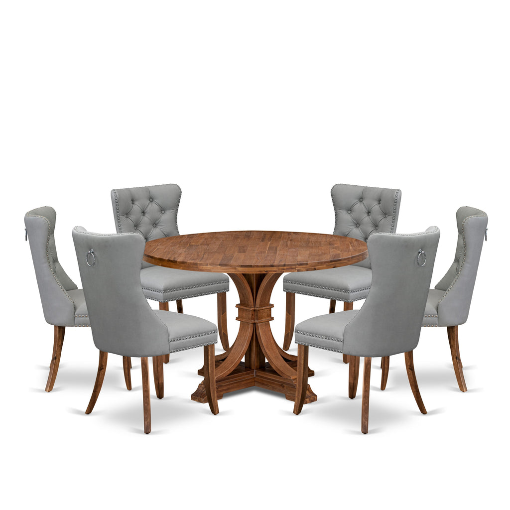 Luxe by East West Furniture I7DA7-40N-27 7-Pc Dining Table Set Consist a Mid Century Dining Table and 6 Light Gray Faux Leather Chairs with Button-Tufted Back, Antique Walnut