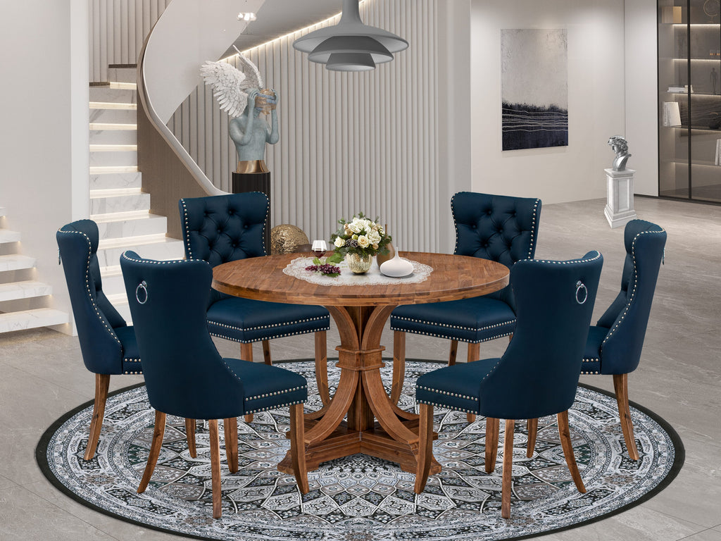 Luxe by East West Furniture I7DA7-40N-29 7-Piece Dining Table Set with Faux Leather 6 Navy Blue Kitchen chairs, Button-Tufted Backs, and a 48"Round Table in Antique Walnut Finish.