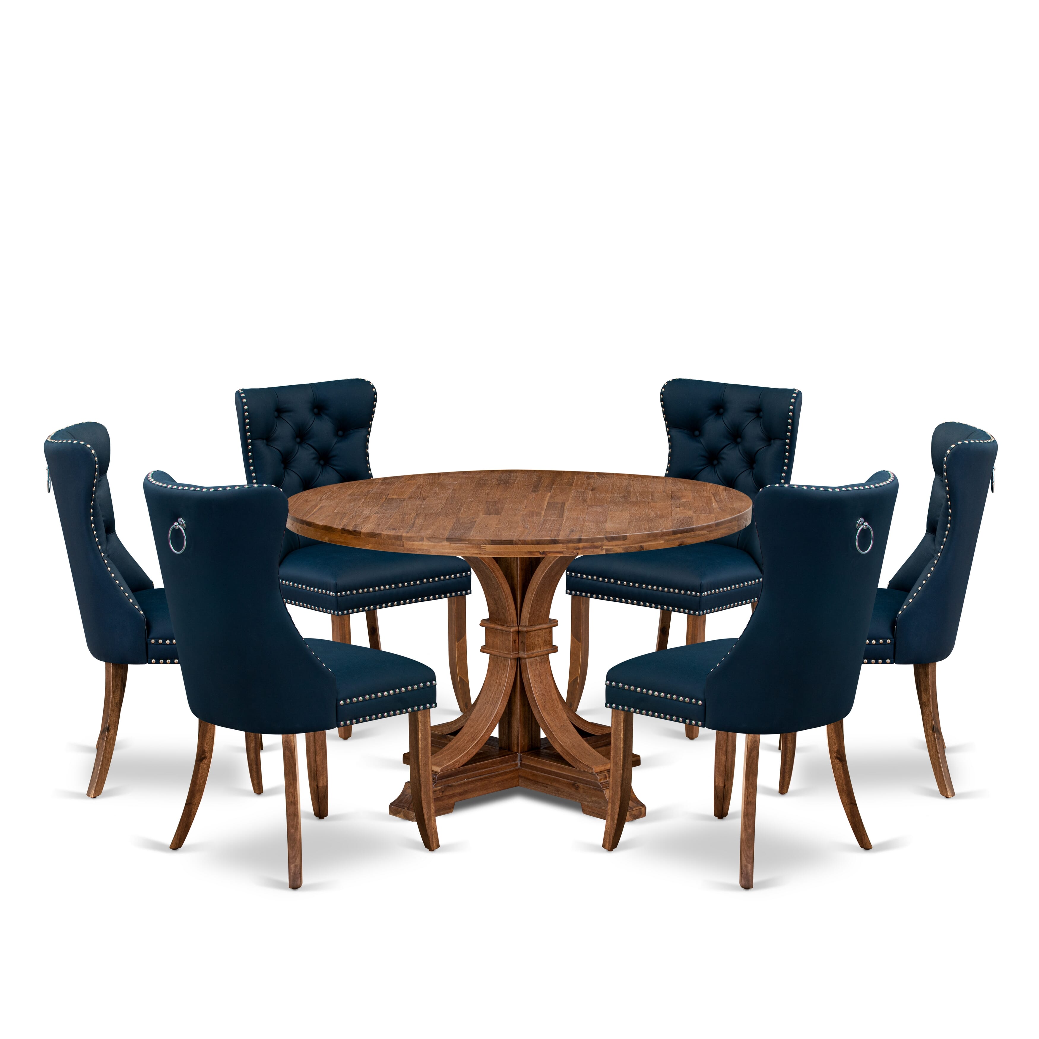 Luxe by East West Furniture I7DA7-40N-29 7-Piece Dining Table Set with Faux Leather 6 Navy Blue Kitchen chairs, Button-Tufted Backs, and a 48"Round Table in Antique Walnut Finish.