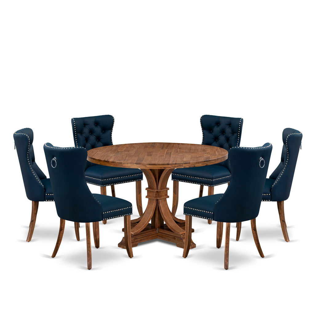Luxe by East West Furniture I7DA7-40N-29 7-Piece Dining Table Set with Faux Leather 6 Navy Blue Kitchen chairs, Button-Tufted Backs, and a 48"Round Table in Antique Walnut Finish.