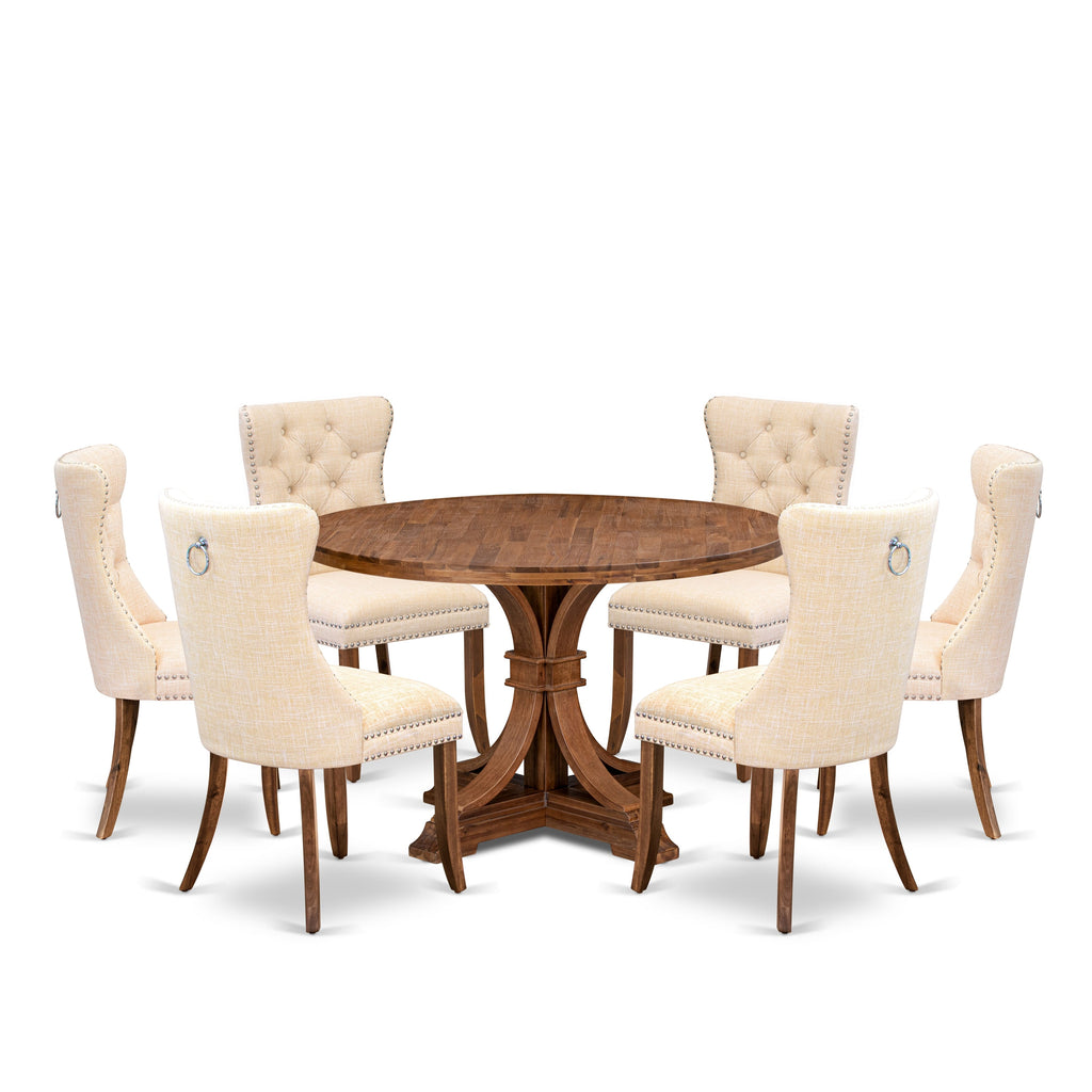 Luxe by East West Furniture I7DA7-40N-32 7-Piece Kitchen Table Set with Linen Fabric 6 Light Beige kitchen chairs, Button-Tufted Backs, and a 48"Round Table in Antique Walnut Finish.