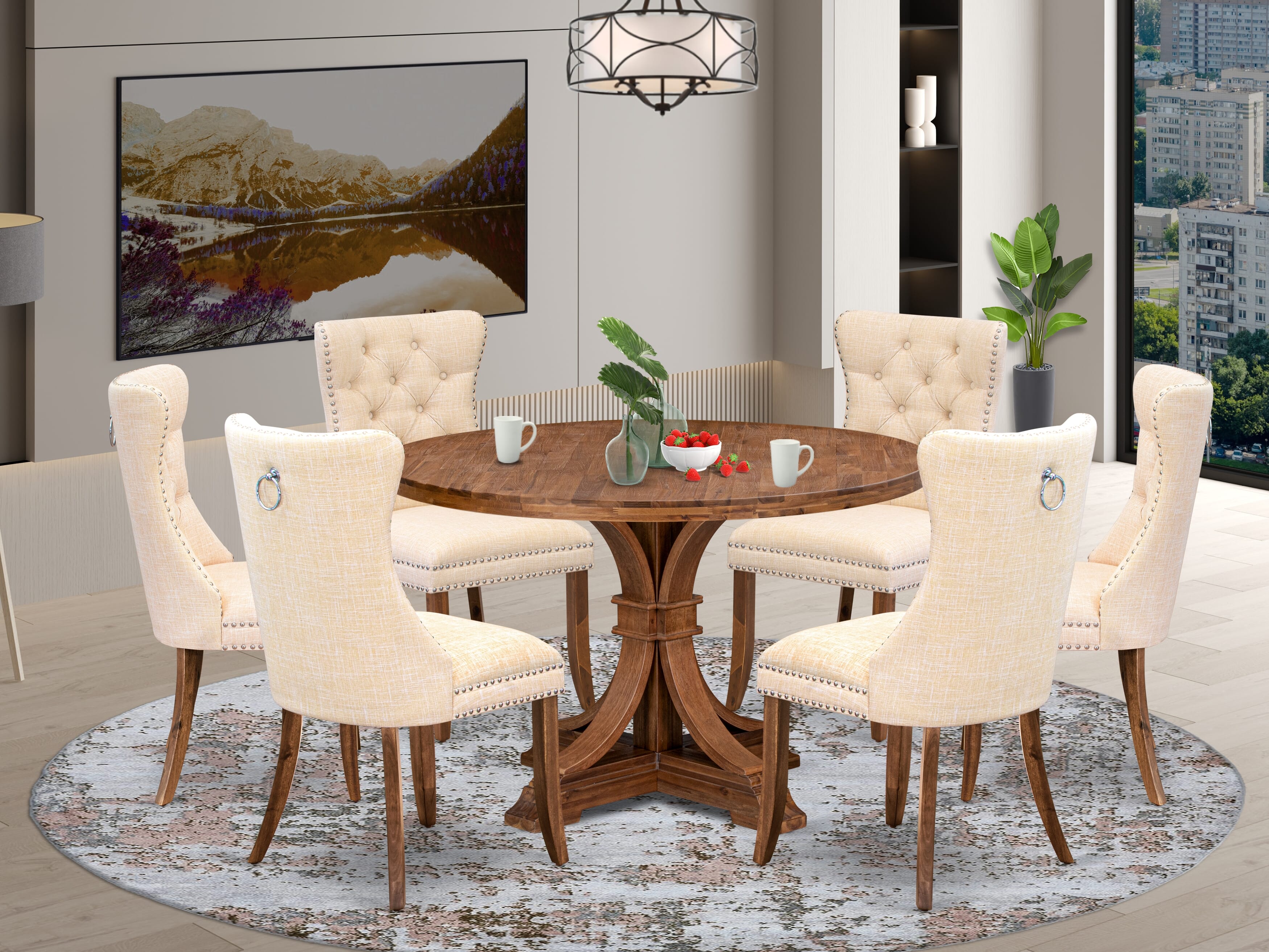 Luxe by East West Furniture I7DA7-40N-32 7-Piece Kitchen Table Set with Linen Fabric 6 Light Beige kitchen chairs, Button-Tufted Backs, and a 48"Round Table in Antique Walnut Finish.