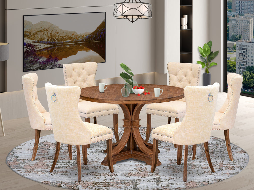 Luxe by East West Furniture I7DA7-40N-32 7-Piece Kitchen Table Set with Linen Fabric 6 Light Beige kitchen chairs, Button-Tufted Backs, and a 48"Round Table in Antique Walnut Finish.