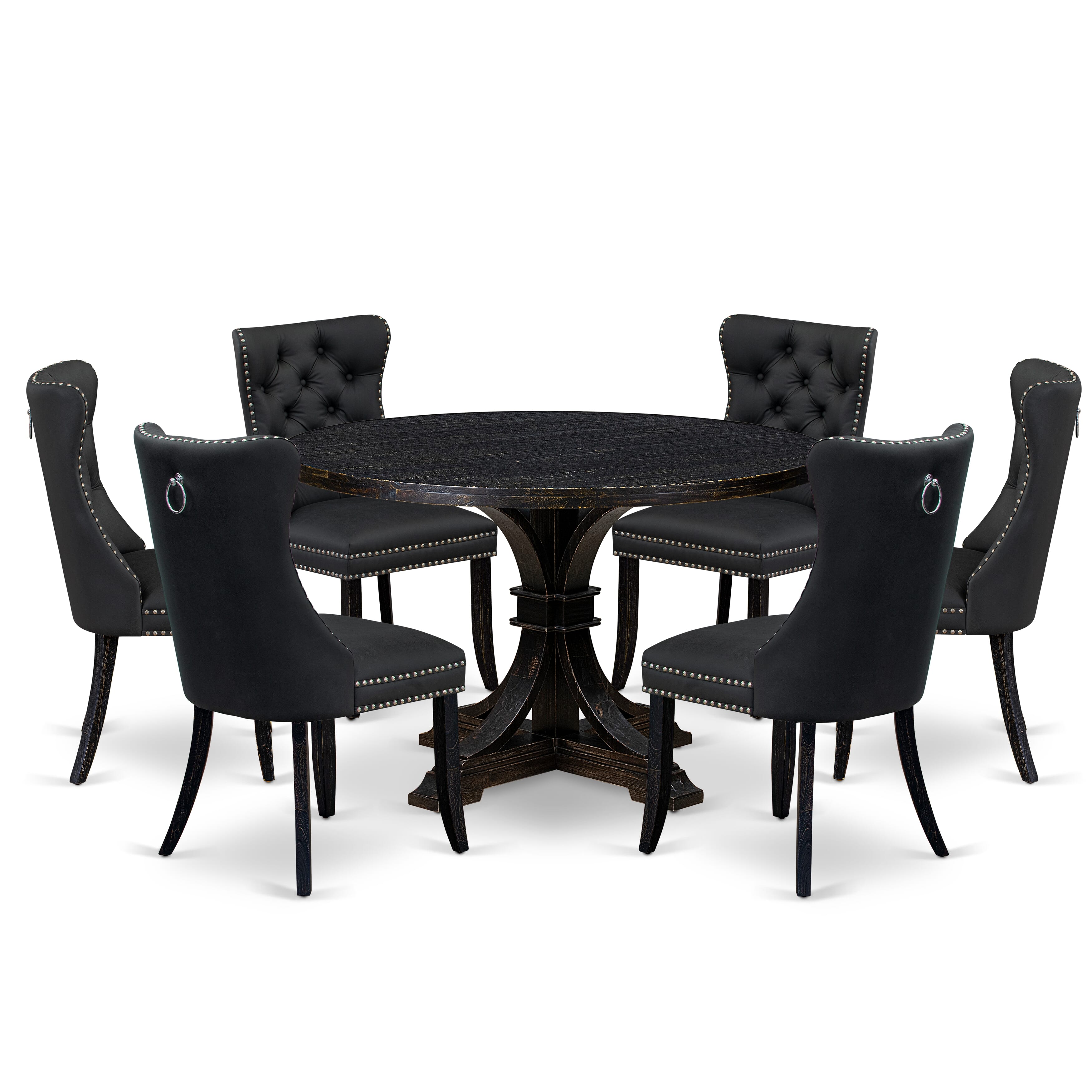Luxe by East West Furniture I7DA7-411-12 7-Piece Dining Room Set with Faux Leather 6 Dark Gray kitchen chairs, Button-Tufted Backs, and a 48"Round Table in Sand Blasted Black Finish.