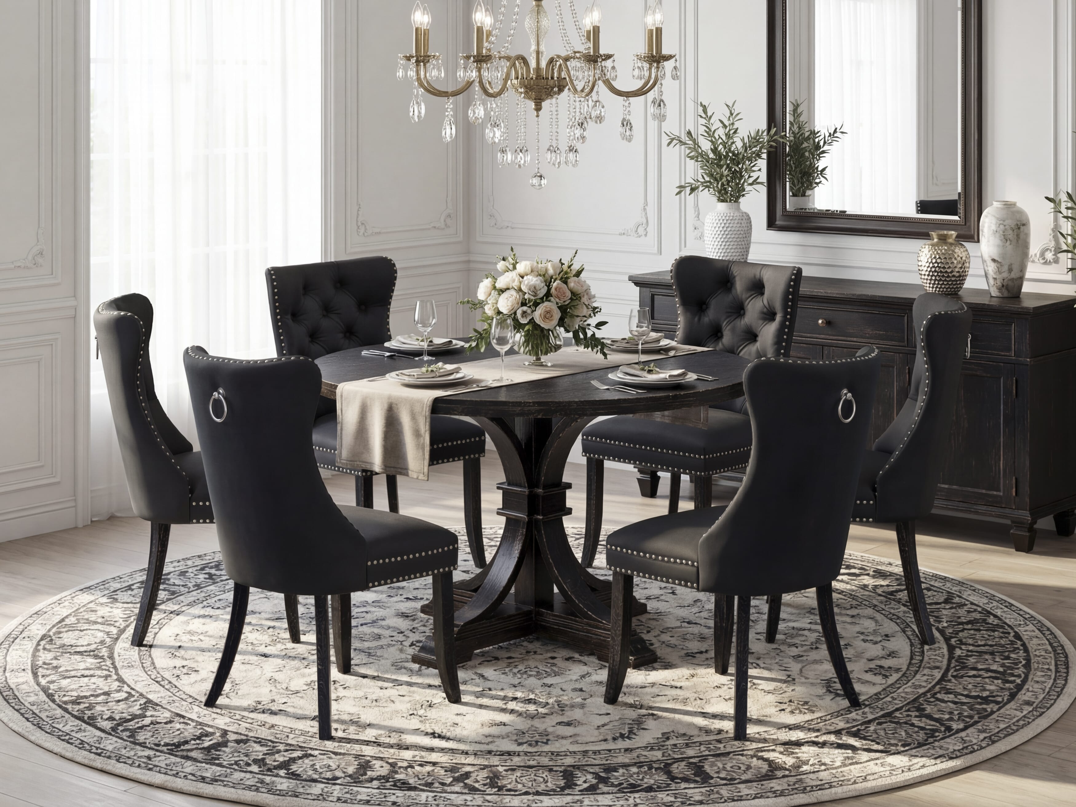 Luxe by East West Furniture I7DA7-411-12 7-Piece Dining Room Set with Faux Leather 6 Dark Gray kitchen chairs, Button-Tufted Backs, and a 48"Round Table in Sand Blasted Black Finish.