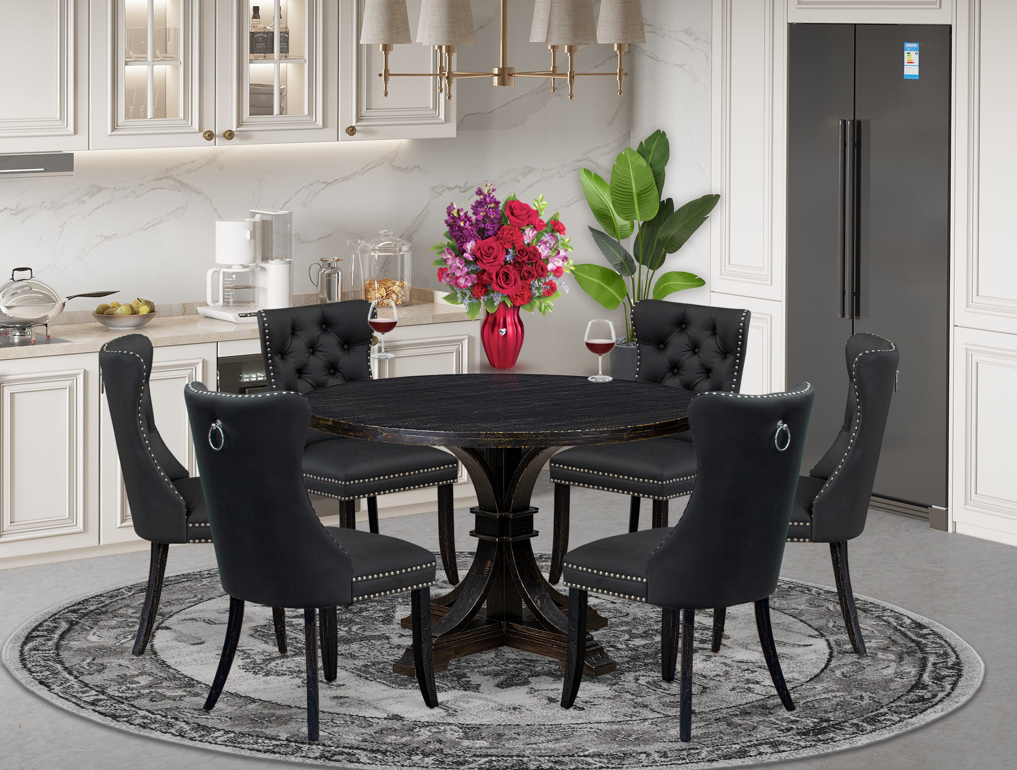 Luxe by East West Furniture I7DA7-411-12 7-Piece Dining Room Set with Faux Leather 6 Dark Gray kitchen chairs, Button-Tufted Backs, and a 48"Round Table in Sand Blasted Black Finish.