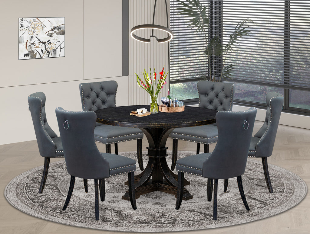Luxe by East West Furniture I7DA7-411-13 7-piece Modern Kitchen Set with Faux Leather 6 Platinum Gray padded chairs, Button-Tufted Backs, and a 48"Round Breakfast Table in Sand Blasted Black Finish.