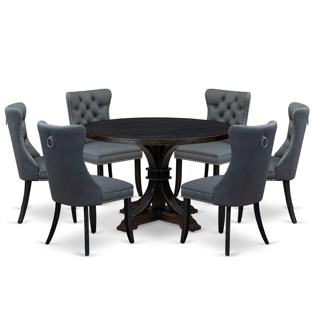 Luxe by East West Furniture I7DA7-411-13 7-piece Modern Kitchen Set with Faux Leather 6 Platinum Gray padded chairs, Button-Tufted Backs, and a 48"Round Breakfast Table in Sand Blasted Black Finish.