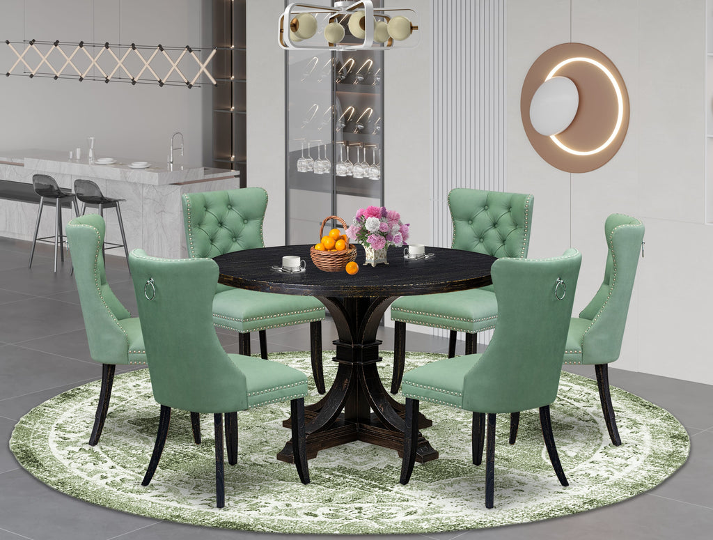 Luxe by East West Furniture I7DA7-411-22 7 Piece Dinette Set Includes a 48" Round Table with Pedestal and 6 Willow Green Faux Leather Upholstered Chairs, Sand Blasted Black