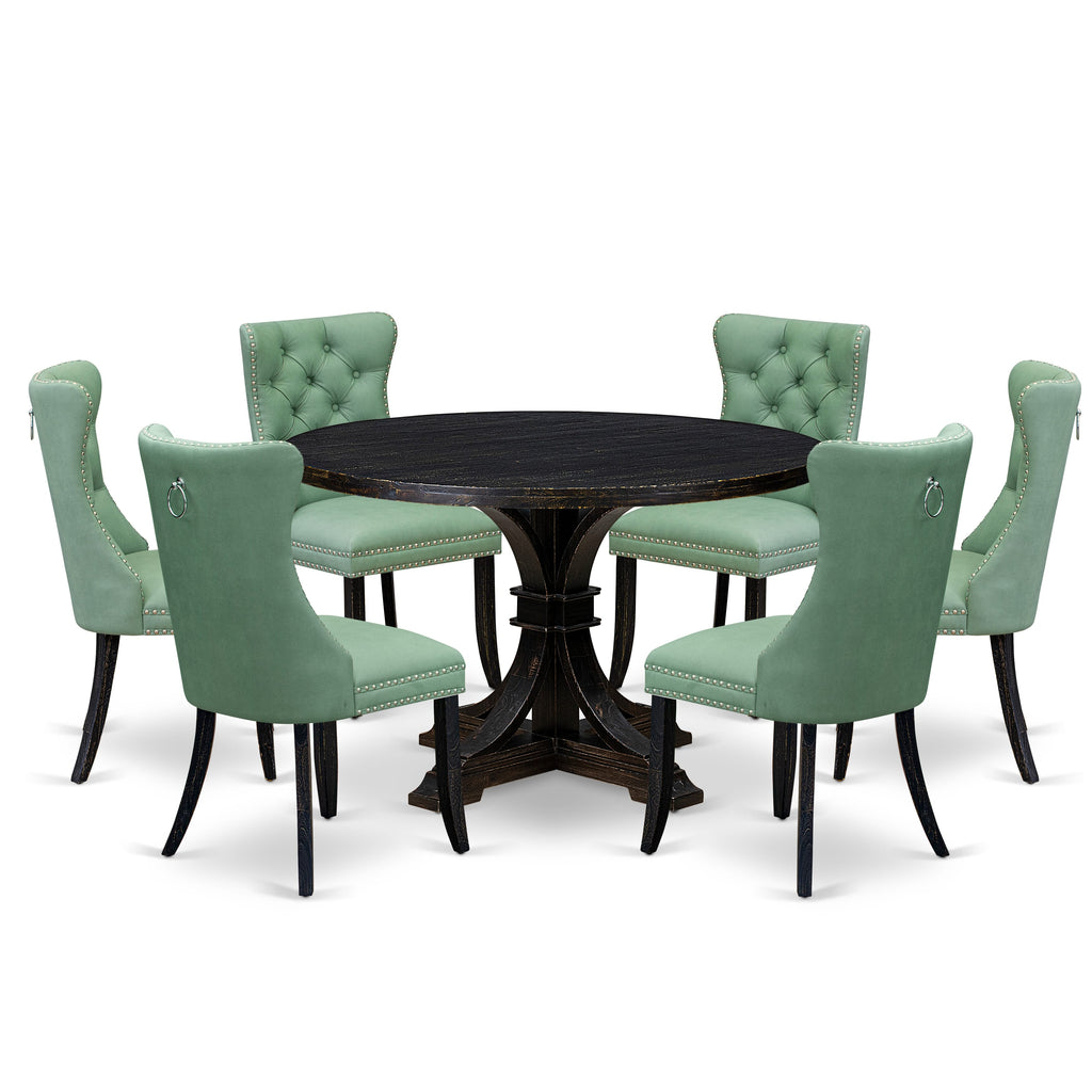 Luxe by East West Furniture I7DA7-411-22 7 Piece Dinette Set Includes a 48" Round Table with Pedestal and 6 Willow Green Faux Leather Upholstered Chairs, Sand Blasted Black