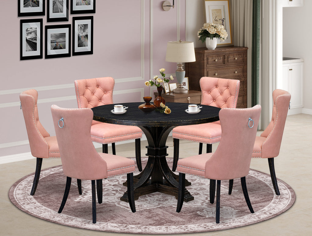 Luxe by East West Furniture I7DA7-411-23 7 Piece Dining Set Includes a 48" Round Kitchen Table with Pedestal and 6 Beige Red Faux Leather Parson Chairs, Sand Blasted Black