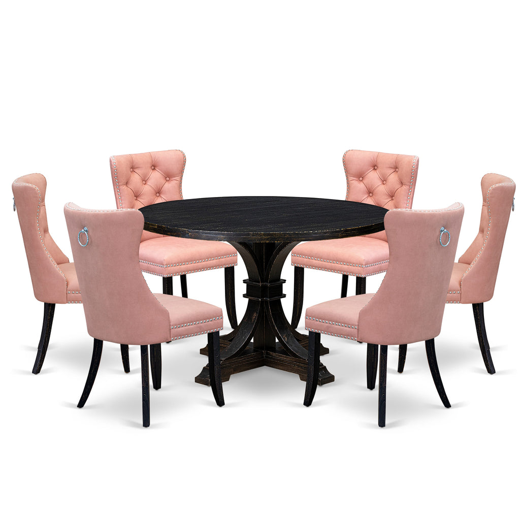 Luxe by East West Furniture I7DA7-411-23 7 Piece Dining Set Includes a 48" Round Kitchen Table with Pedestal and 6 Beige Red Faux Leather Parson Chairs, Sand Blasted Black