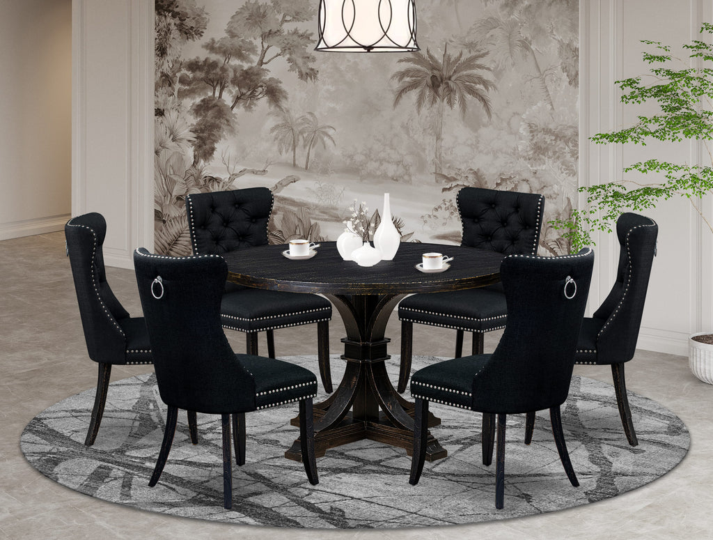 Luxe by East West Furniture I7DA7-411-24 7-piece Dining Table Set contains a wood table and 6 Black Linen Fabric upholstered chairs with Button Tufted Back -Sand Blasted Black