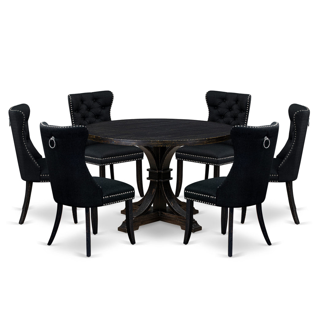 Luxe by East West Furniture I7DA7-411-24 7-piece Dining Table Set contains a wood table and 6 Black Linen Fabric upholstered chairs with Button Tufted Back -Sand Blasted Black