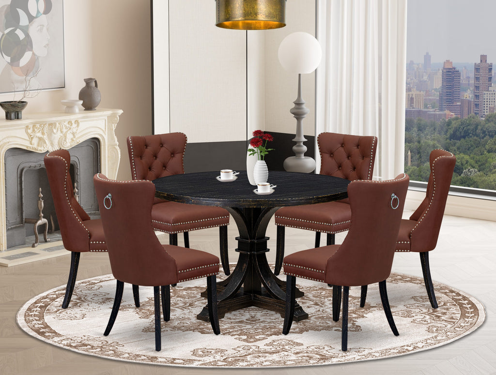Luxe by East West Furniture I7DA7-411-26 7 Piece Dining Table Set Includes a 48" Round Table with Pedestal and 6 Burgandy Faux Leather Upholstered Chairs, Sand Blasted Black