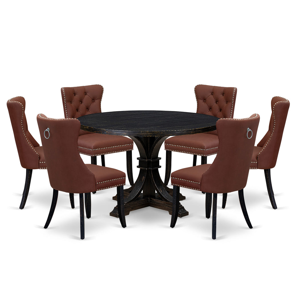Luxe by East West Furniture I7DA7-411-26 7 Piece Dining Table Set Includes a 48" Round Table with Pedestal and 6 Burgandy Faux Leather Upholstered Chairs, Sand Blasted Black
