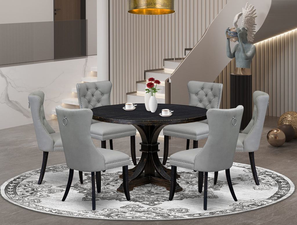 Luxe by East West Furniture I7DA7-411-27 7 Piece Dining Table Set Includes a 48" Round Table with Pedestal and 6 Light Gray Faux Leather Upholstered Chairs, Sand Blasted Black