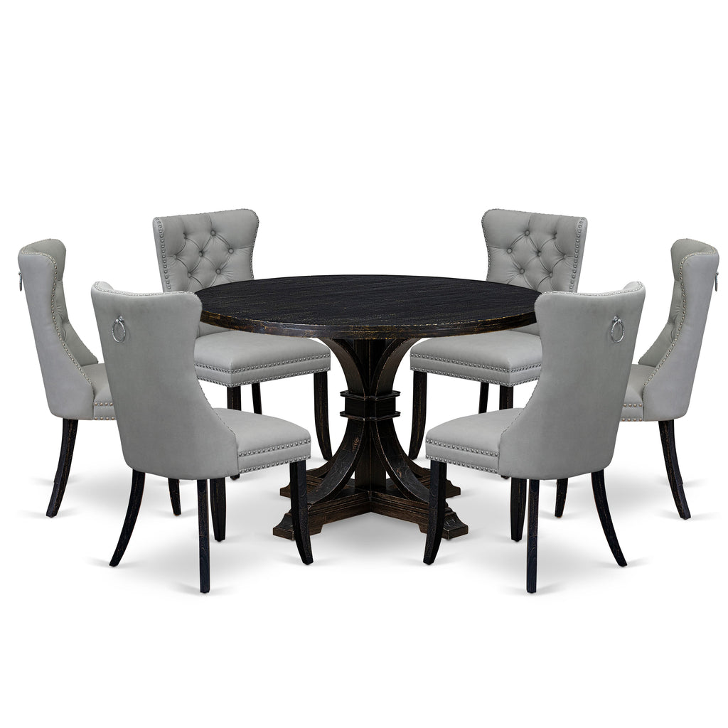 Luxe by East West Furniture I7DA7-411-27 7 Piece Dining Table Set Includes a 48" Round Table with Pedestal and 6 Light Gray Faux Leather Upholstered Chairs, Sand Blasted Black