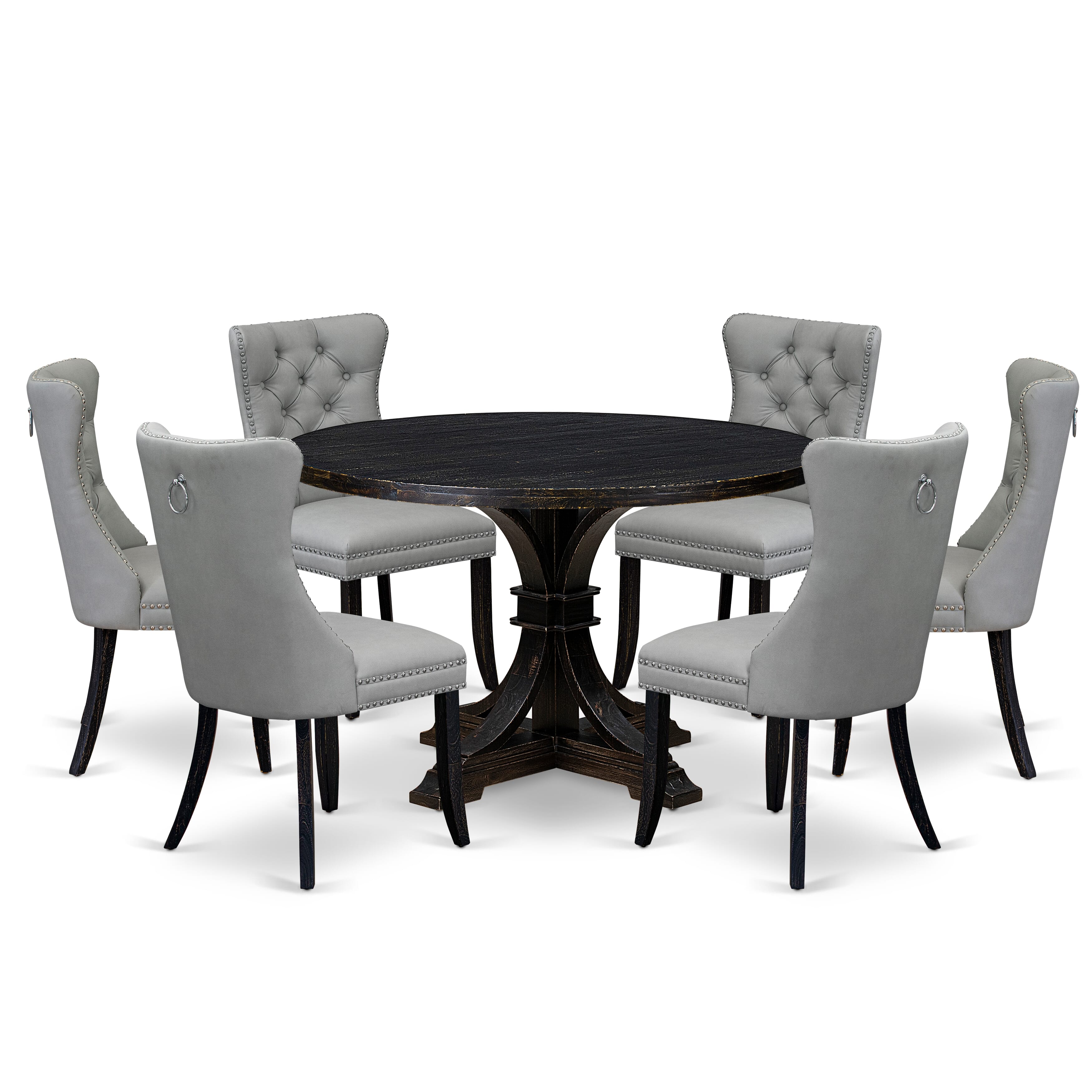 Luxe by East West Furniture I7DA7-411-27 7 Piece Dining Table Set Includes a 48" Round Table with Pedestal and 6 Light Gray Faux Leather Upholstered Chairs, Sand Blasted Black