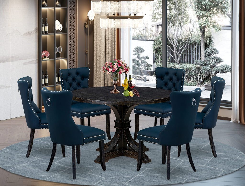 Luxe by East West Furniture I7DA7-411-29 7 Piece Dining Table Set Includes a 48" Round Table with Pedestal and 6 Navy Blue Faux Leather Upholstered Chairs, Sand Blasted Black