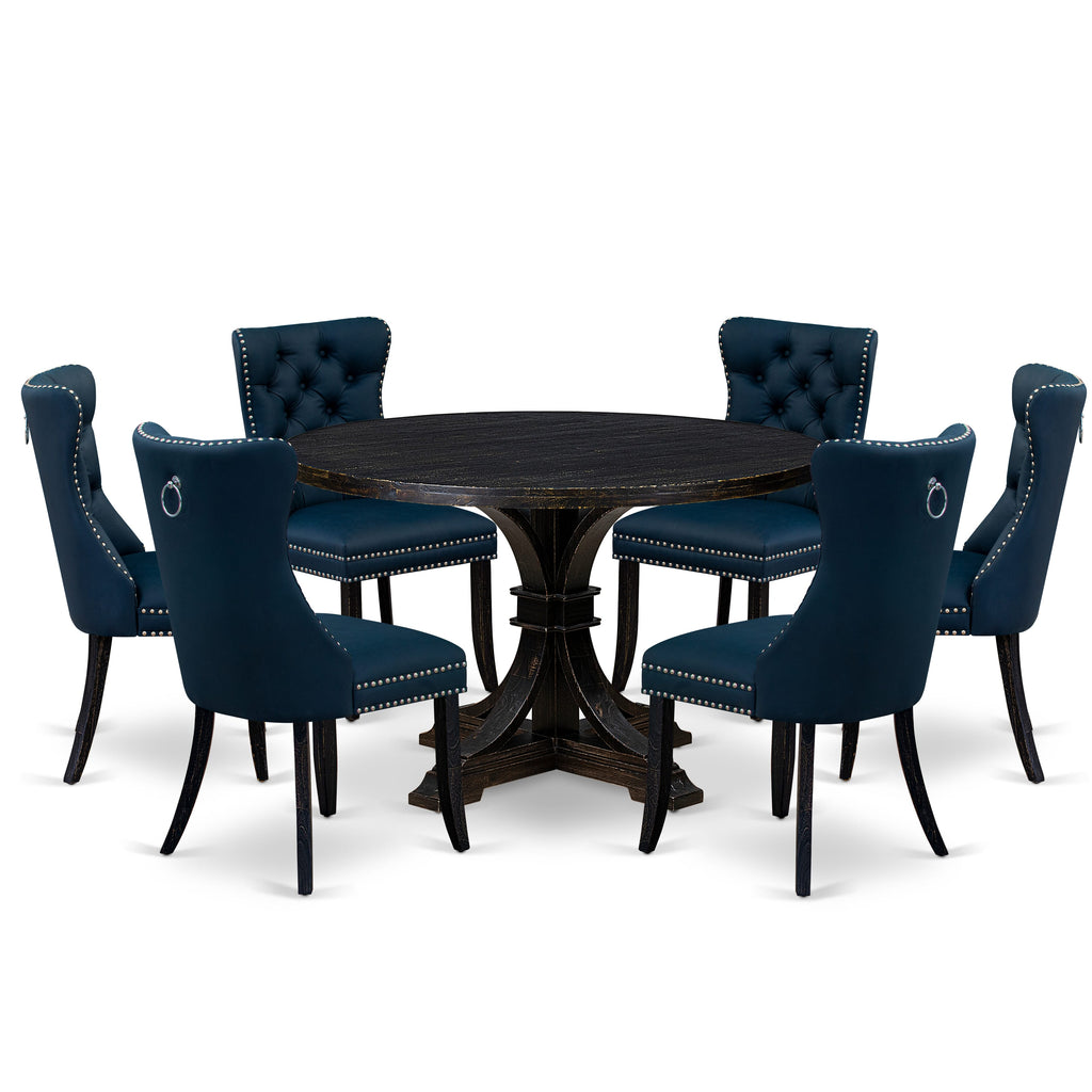 Luxe by East West Furniture I7DA7-411-29 7 Piece Dining Table Set Includes a 48" Round Table with Pedestal and 6 Navy Blue Faux Leather Upholstered Chairs, Sand Blasted Black
