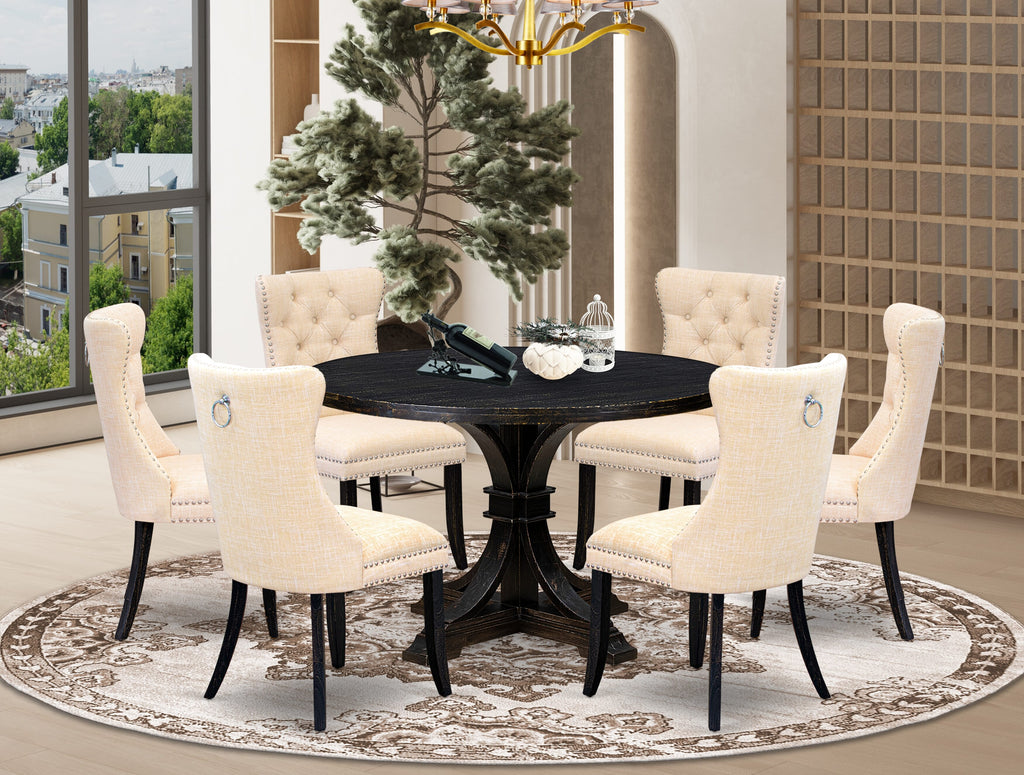 Luxe by East West Furniture I7DA7-411-32 7-pc Dining Set consists of a kitchen table and 6 Light Beige Linen Fabric modern chair with Button Tufted Back - Sand Blasted Black