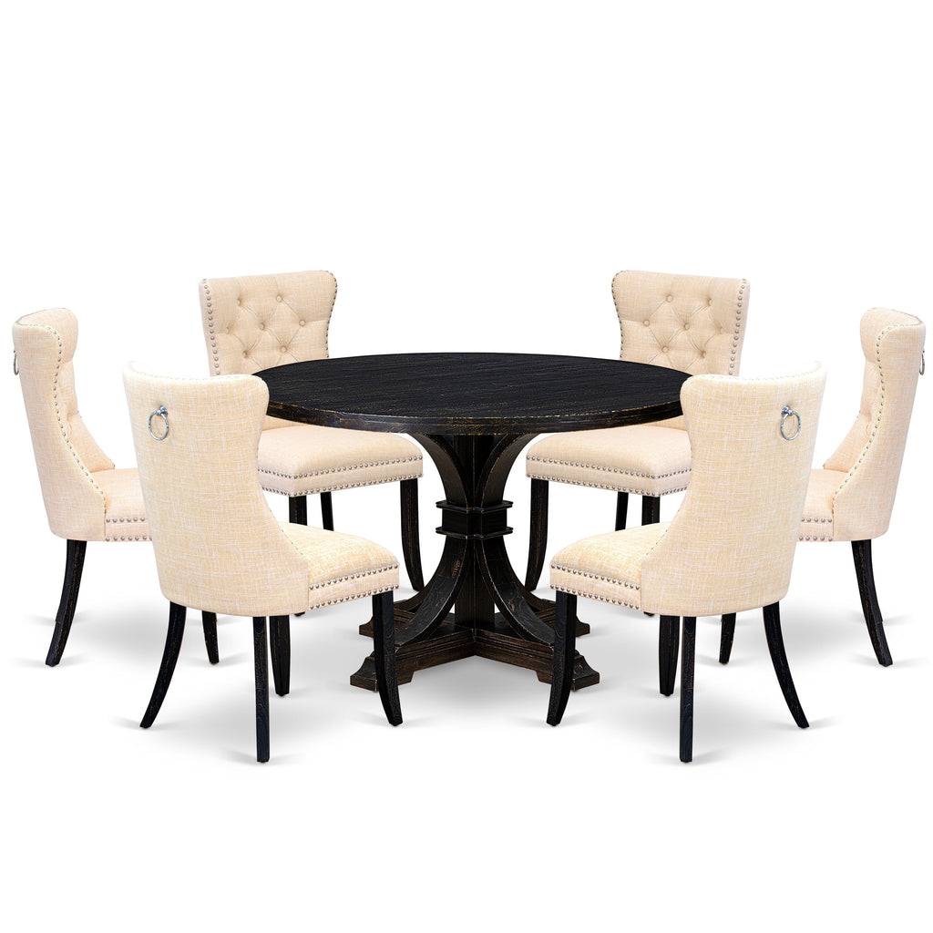Luxe by East West Furniture I7DA7-411-32 7-pc Dining Set consists of a kitchen table and 6 Light Beige Linen Fabric modern chair with Button Tufted Back - Sand Blasted Black