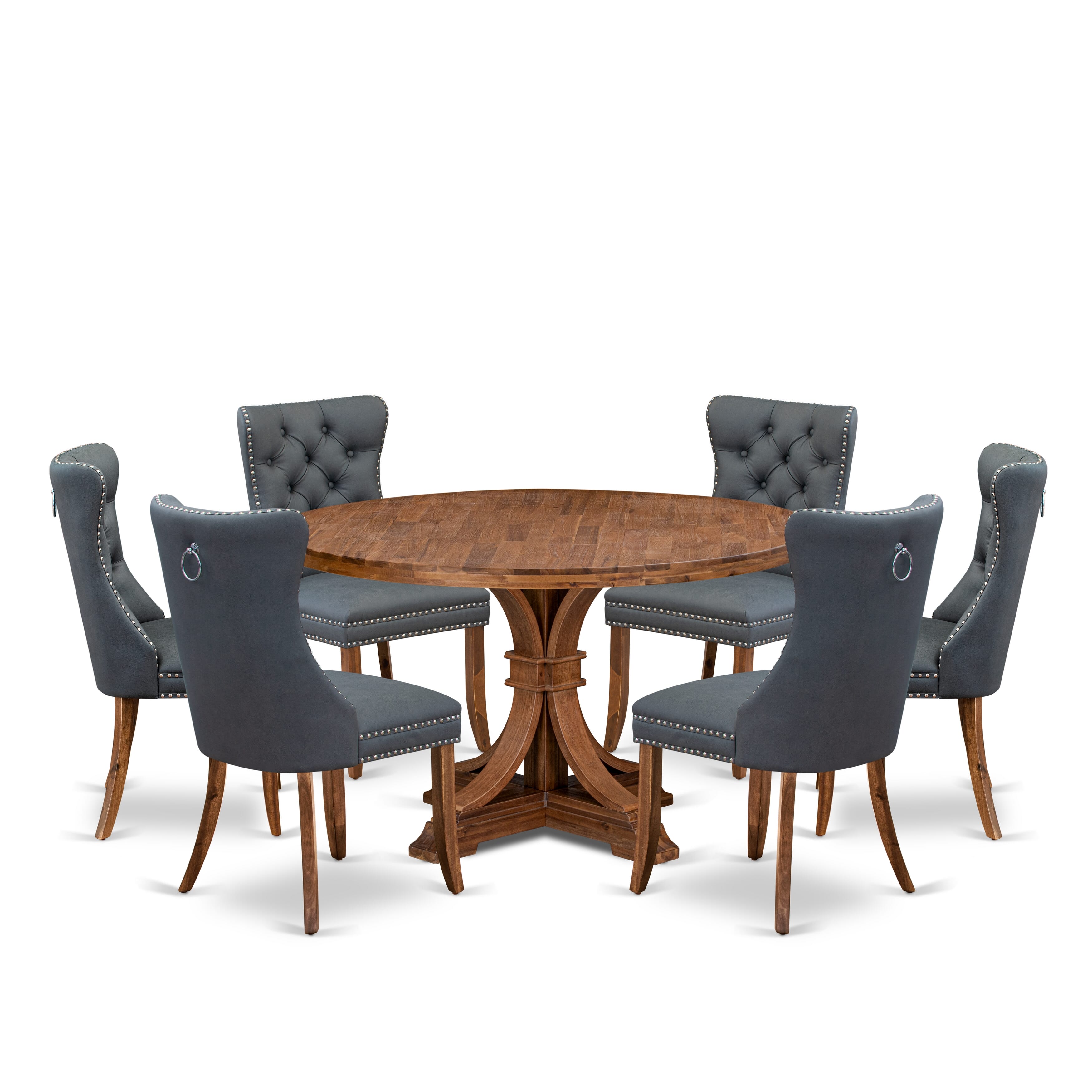 Luxe by East West Furniture I7DA7-50N-13 7-piece Modern Dining table set consists of a Dining Table and 6 Platinum Gray Faux Leather Kitchen Chairs with Button Tufted Back - Antique Walnut Finish