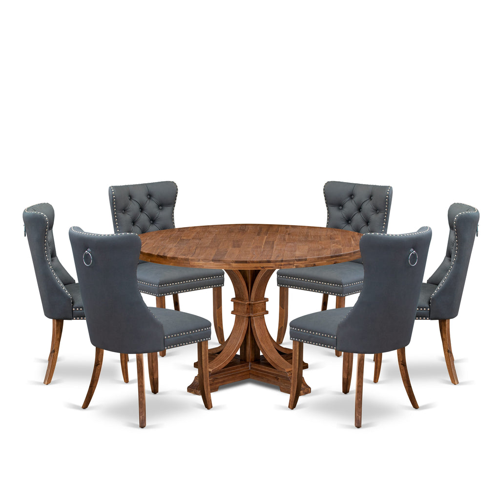 Luxe by East West Furniture I7DA7-50N-13 7-piece Modern Dining table set consists of a Dining Table and 6 Platinum Gray Faux Leather Kitchen Chairs with Button Tufted Back - Antique Walnut Finish