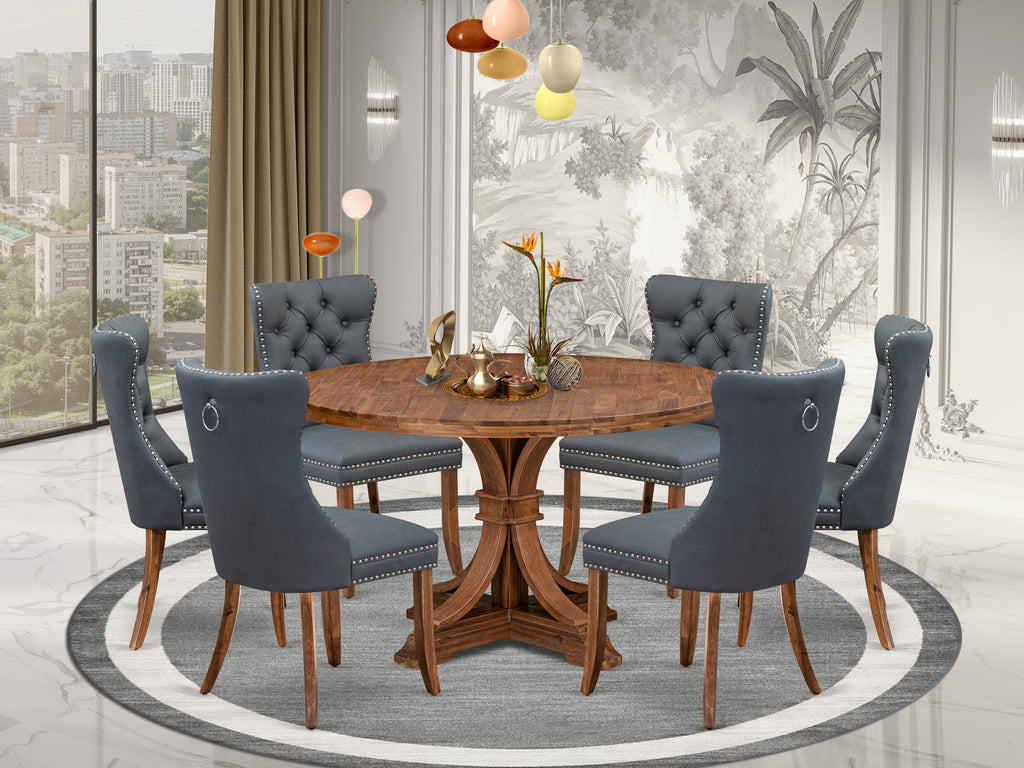 Luxe by East West Furniture I7DA7-50N-13 7-piece Modern Dining table set consists of a Dining Table and 6 Platinum Gray Faux Leather Kitchen Chairs with Button Tufted Back - Antique Walnut Finish
