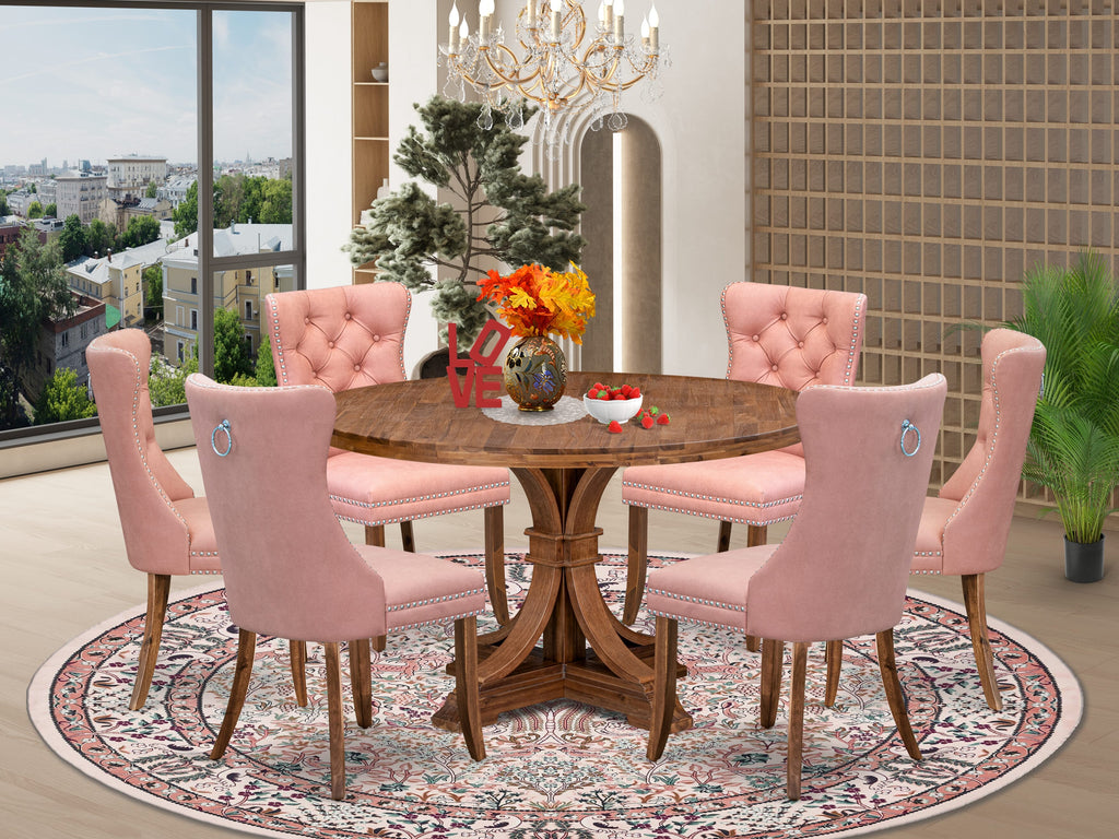 Luxe by East West Furniture I7DA7-50N-23 7-Pc Kitchen Table Set Contain a Dining Room Table and 6 Beige Red Faux Leather Dining Chairs with Button-Tufted Back, Antique Walnut