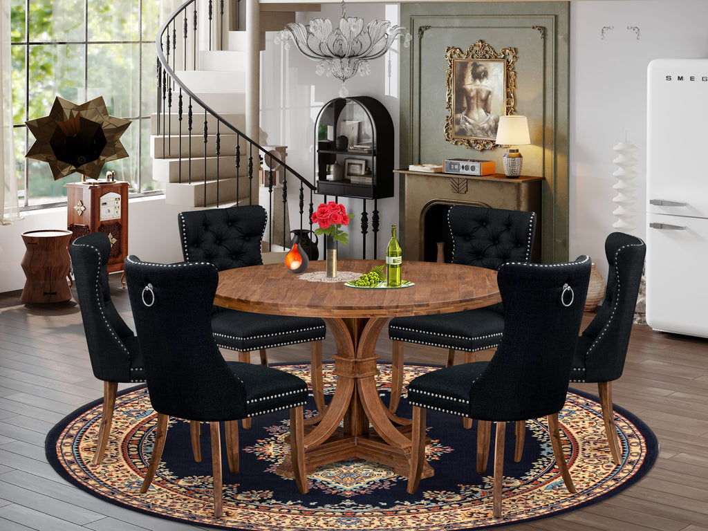 Luxe by East West Furniture I7DA7-50N-24 7-Piece Modern Dining Set with Linen Fabric 6 Black dining room chairs, Button-Tufted Backs, and a 54"Round Table in Antique Walnut Finish.