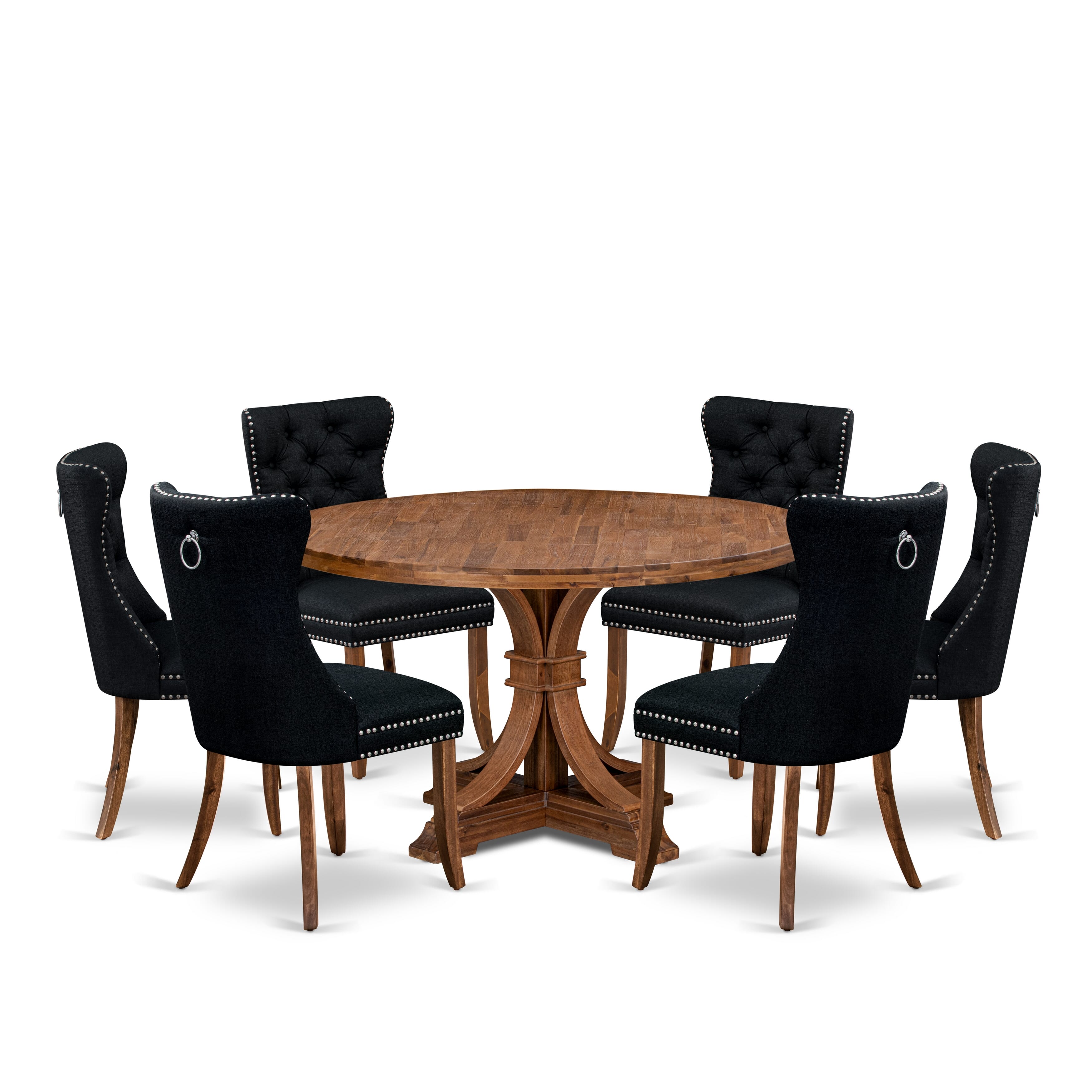Luxe by East West Furniture I7DA7-50N-24 7-Piece Modern Dining Set with Linen Fabric 6 Black dining room chairs, Button-Tufted Backs, and a 54"Round Table in Antique Walnut Finish.
