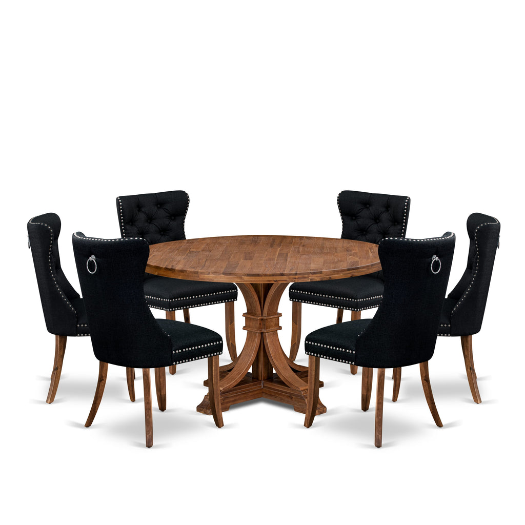 Luxe by East West Furniture I7DA7-50N-24 7-Piece Modern Dining Set with Linen Fabric 6 Black dining room chairs, Button-Tufted Backs, and a 54"Round Table in Antique Walnut Finish.