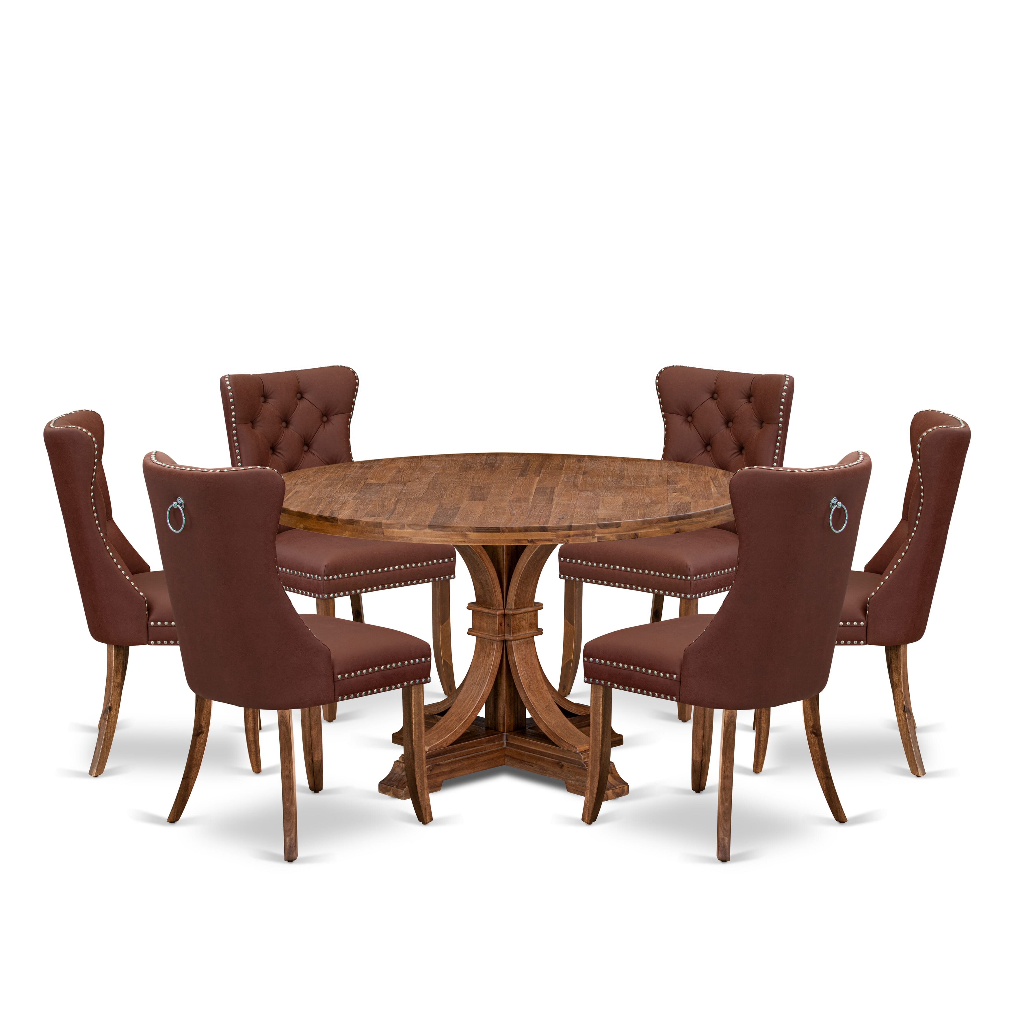 Luxe by East West Furniture I7DA7-50N-26 7-Pc Modern Dining Table Set Contain a Room Table and 6 Burgundy Faux Leather Padded Chairs with Button-Tufted Back, Antique Walnut