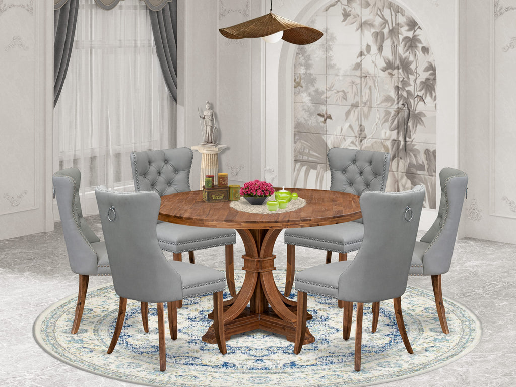 Luxe by East West Furniture I7DA7-50N-27 7-Pc Mid Century Dining Set Contain a Room Table and 6 Light Gray Faux Leather Parson Chairs with Button-Tufted Back, Antique Walnut