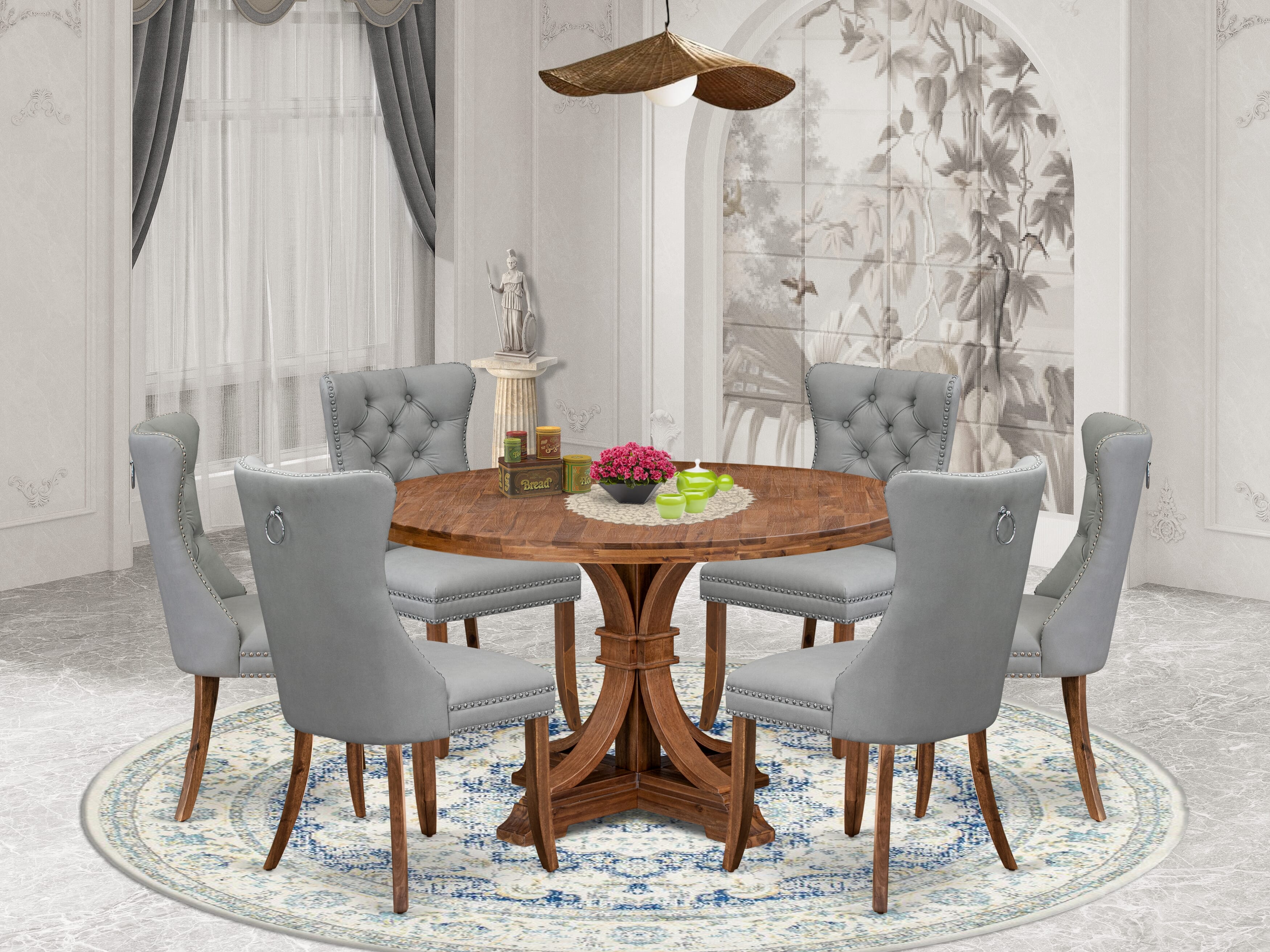 Luxe by East West Furniture I7DA7-50N-27 7-Pc Mid Century Dining Set Contain a Room Table and 6 Light Gray Faux Leather Parson Chairs with Button-Tufted Back, Antique Walnut