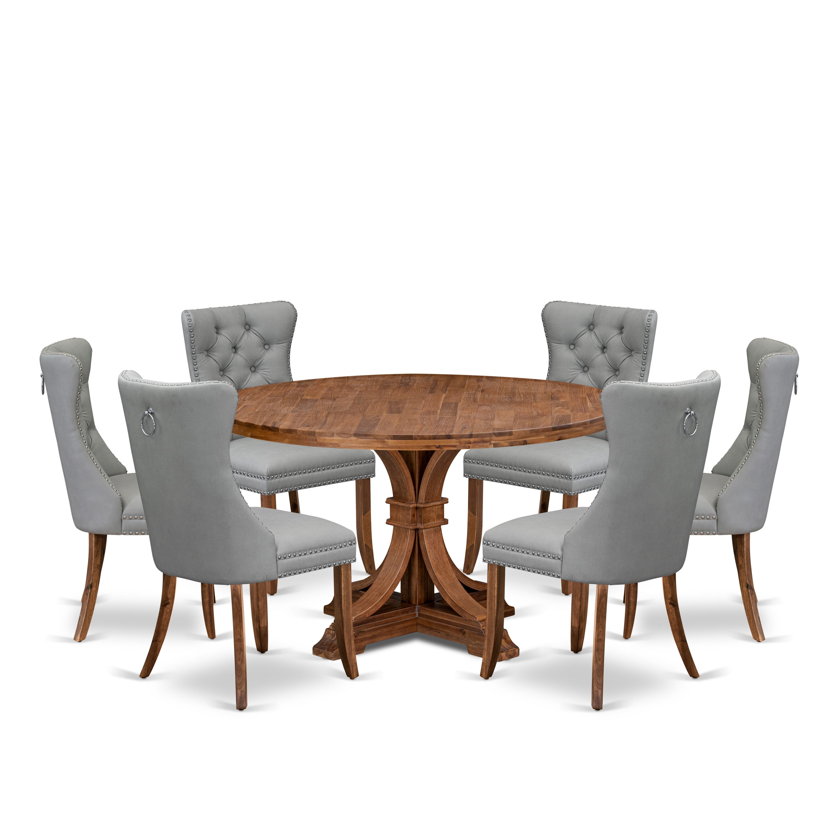 Luxe by East West Furniture I7DA7-50N-27 7-Pc Mid Century Dining Set Contain a Room Table and 6 Light Gray Faux Leather Parson Chairs with Button-Tufted Back, Antique Walnut